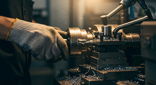 Close-up of gloved hand operating metal lathe machine in industrial workshop