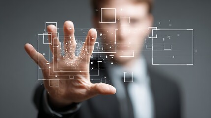 A businessman’s hand with a fingerprint is overlaid with a digital network of squares, symbolizing technology and security. He is partially visible in the background.