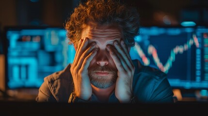 Fototapeta premium Financial professional stressed at computer hands on face monitors display stock market charts office at night worried expression economic crisis business pressure low light