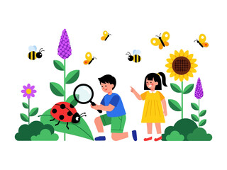 Young Explorers: Children, captivated by the wonders of nature, observe a ladybug and a vibrant flower in a bright illustration, showcasing exploration, learning, and discovery.