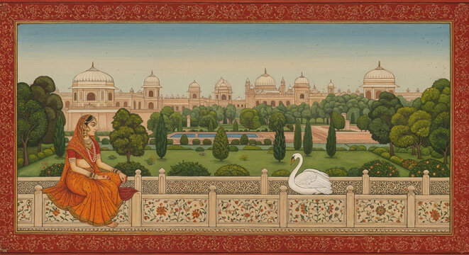 Elegant Mughal vector mural of queen seated in palace garden with swan, dome, and tropical forest arch, perfect for cultural wall art decor