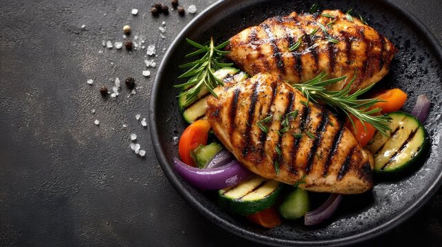 Juicy grilled chicken breasts are plated with a medley of vibrant grilled vegetables including peppers, zucchini, and onions. Fresh herbs add aromatic flair to the dish