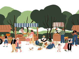 Naklejka premium seamless border with multicultural people at farmers market in park: vegetable stalls, picnic, kids, seniors, African Americans, Muslim woman, romantic couple. Flat vector illustration.