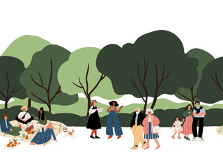 Seamless border with multicultural people picnicking in park: family, seniors, child, couple, dog, food on blanket. Trees and hills in background.  Flat vector illustration.