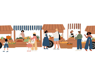 Seamless border with multicultural people including men, women, children shopping and interacting at farmers market stalls with fruits and vegetables. Outdoor community scene. Flat vector illustration