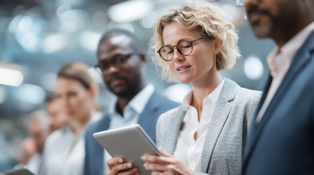 A diverse group of professionals stands in a modern office space, focusing on their digital devices. They share insights and engage in discussions, highlighting collaboration at work