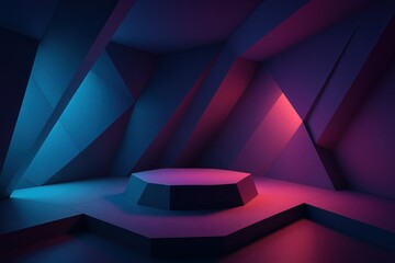 Geometric architectural podium with angular design elements and gradient lighting effects