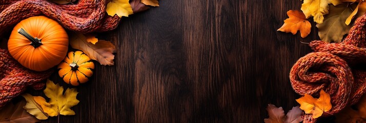 Autumn, Halloween, themed flat lay with vibrant pumpkins, colorful leaves, and a cozy knit scarf. Perfect for header or newsletter banner.