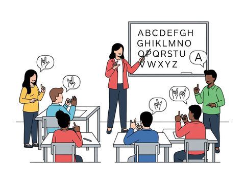 Sign Language Class: A captivating illustration that captures a sign language lesson. The instructor and students are actively engaged, with the alphabet displayed prominently.