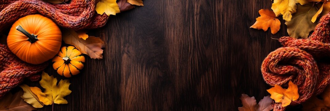 Autumn, Halloween, themed flat lay with vibrant pumpkins, colorful leaves, and a cozy knit scarf. Perfect for header or newsletter banner.