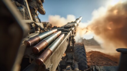 Heavy artillery is firing in a desert training ground, showcasing the intense preparation of military personnel. Smoke and dust rise as shells are launched against a clear blue sky
