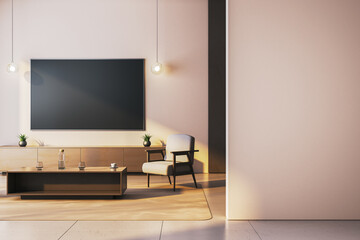 Modern living room interior with blank black screen on wall, minimalist furniture and warm sunlight casting shadows on clean walls and floor. 3D Rendering
