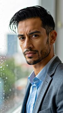 A focused businessman looks intently at the viewer, radiating competence and determination in a modern environment.