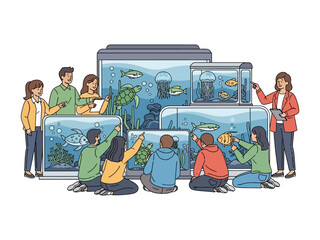 Aquarium Observation: A group of people, captivated by the beauty of aquatic life, observe various marine creatures within a vibrant aquarium setting.