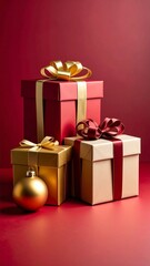 Fototapeta premium Elegant Gold and Red Gift Boxes Christmas Presents.
