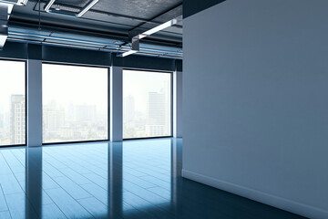 Modern empty office interior with large windows and blank wall space for poster or logo mockup, overlooking city buildings in daylight. 3D Rendering
