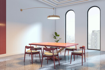 Modern conference room with red table and chairs, large arched windows, city view, and minimal decor in bright corporate office interior. 3D Rendering