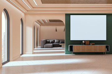 Bright modern living room interior with large blank screen on green wall and cozy lounge area in background with arched windows and city view. 3D Rendering
