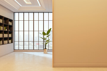 Modern office interior with bookshelves and blank wall for mockup or poster display, overlooking city view through large windows in daylight. 3D Rendering © Who is Danny