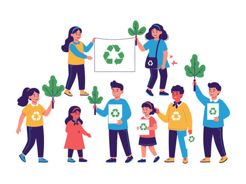 Eco-warriors unite: a vibrant assembly of children proudly displaying a message of environmental sustainability. They celebrate the ethos of recycling.