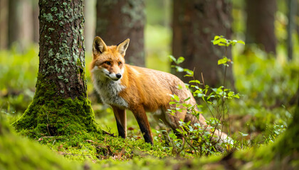 Red fox in a mossy forest