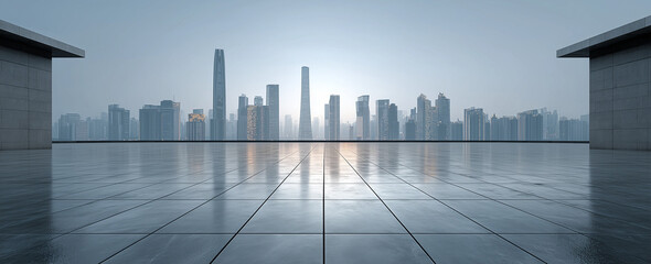 A modern city skyline, in front of the skyscrapers. 