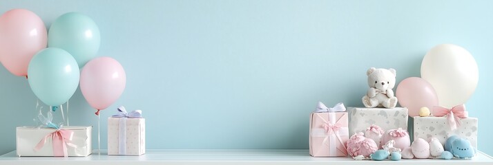 Delicate pastel baby shower setup featuring gifts, plush toys, and balloons.