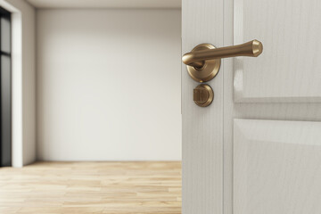 Closeup of open white door with brass handle revealing empty modern interior room with wooden floor...