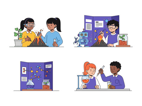 Young Scientists in Action: A vibrant display of children enthusiastically engaging in science experiments, showcasing their innovative learning through the study of volcanoes, robotics.