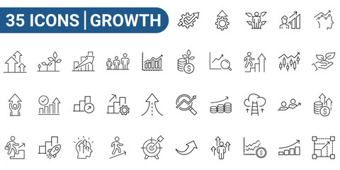 Growth line icon set. Includes professional, personal, financial growth, progress, career, arrows up, goal. Editable stroke. Vector illustration
