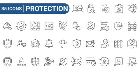 Set of 35 outline icons related to protection. Icons for web and mobile app. Linear icon collection. Editable stroke. Vector illustration.