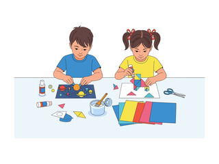 Creative Kids Crafting: A joyful pair of kids, absorbed in the delightful art of crafting on a clean surface, a charming display of creativity and learning.