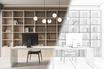 Modern corporate office interior with half realistic and half sketch design showcasing workspace furniture, desk, computer, and shelving wall. 3D Rendering © Who is Danny
