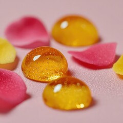Crystal-clear water drops on rose petals in soft morning mist, golden sunlight
