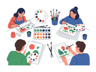 Artistic Inspiration: A collection of people diligently create vibrant paintings, engaging in their passion within a space of inspiration and creativity. 