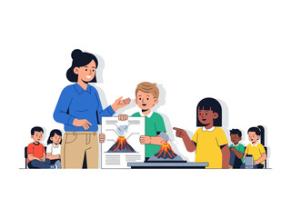 Fototapeta premium Interactive Science Lesson: A teacher guides a group of diverse students through an interactive science lesson, showcasing a volcanic model in a dynamic and educational setting.