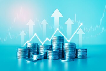 Stacks of coins with upward trending financial graph and arrows symbolizing growth and investment