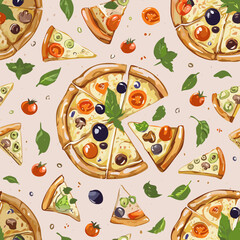 Seamless hand-drawn pattern with delicious pizza slices, tomatoes, mushrooms, olives, and basil leaves. Perfect for food packaging, menus, textile design, and Italian cuisine projects