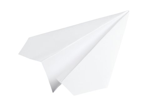 Minimal White Paper Plane in Flight, Side View, isolated on transparent background