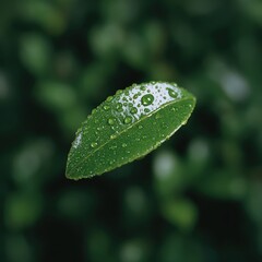Dew-covered green leaf with sunlight filtering through misty forest