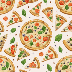 Seamless hand-drawn pattern with delicious pizza slices, tomatoes, mushrooms, olives, and basil leaves. Perfect for food packaging, menus, textile design, and Italian cuisine projects