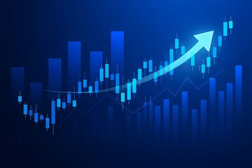 Glowing blue arrow shows upward trend on a dark background with financial bar chart