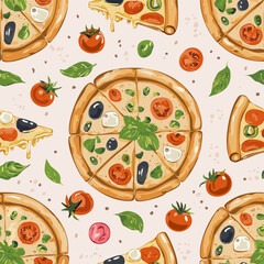 Seamless hand-drawn pattern with delicious pizza slices, tomatoes, mushrooms, olives, and basil leaves. Perfect for food packaging, menus, textile design, and Italian cuisine projects