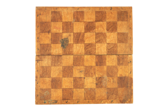 Vintage wooden chessboard with numbered ranks and files on display isolated on white background