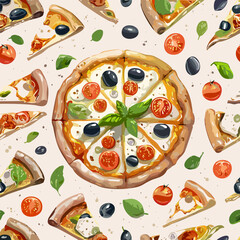Seamless hand-drawn pattern with delicious pizza slices, tomatoes, mushrooms, olives, and basil leaves. Perfect for food packaging, menus, textile design, and Italian cuisine projects