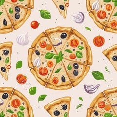 Seamless hand-drawn pattern with delicious pizza slices, tomatoes, mushrooms, olives, and basil leaves. Perfect for food packaging, menus, textile design, and Italian cuisine projects