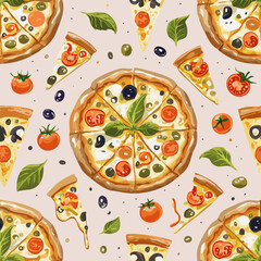 Seamless hand-drawn pattern with delicious pizza slices, tomatoes, mushrooms, olives, and basil leaves. Perfect for food packaging, menus, textile design, and Italian cuisine projects
