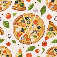 Seamless hand-drawn pattern with delicious pizza slices, tomatoes, mushrooms, olives, and basil leaves. Perfect for food packaging, menus, textile design, and Italian cuisine projects