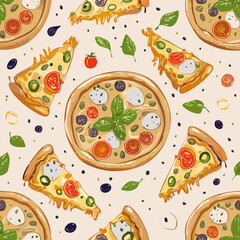 Seamless hand-drawn pattern with delicious pizza slices, tomatoes, mushrooms, olives, and basil leaves. Perfect for food packaging, menus, textile design, and Italian cuisine projects