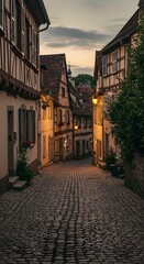 Obraz premium Cozy European village street with cobblestone roads, soft lighting